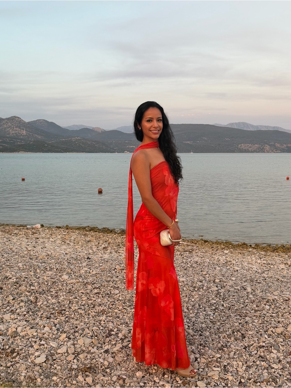Vibrant Red Strapless Floral Maxi Dress